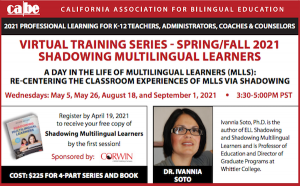 <b>SESSION 2</b>: VIRTUAL TRAINING SERIES - SHADOWING MULTILINGUAL LEARNERS @ Via Zoom