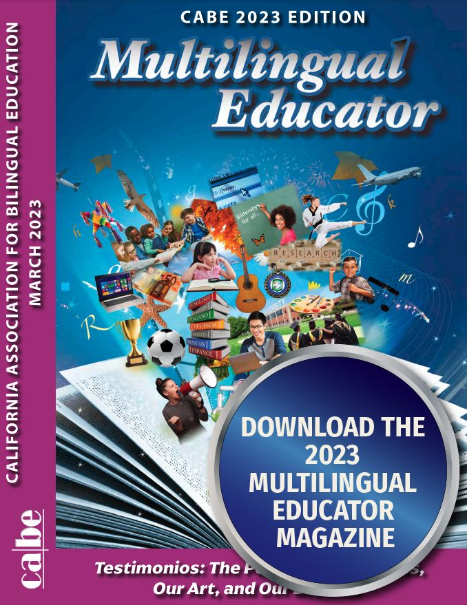 Image cover of the 2023 Multilingual Educator Magazine with a button that says download the 2023 Multilingual Educator Magazine